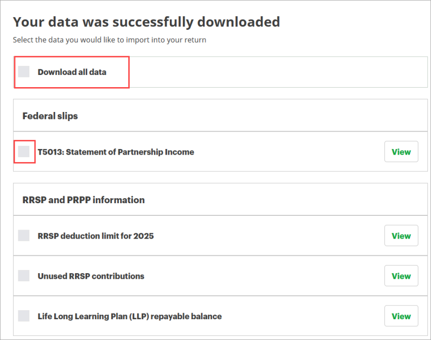  The Download all data and a tax slip checkbox is highlighted, showing the two options available.