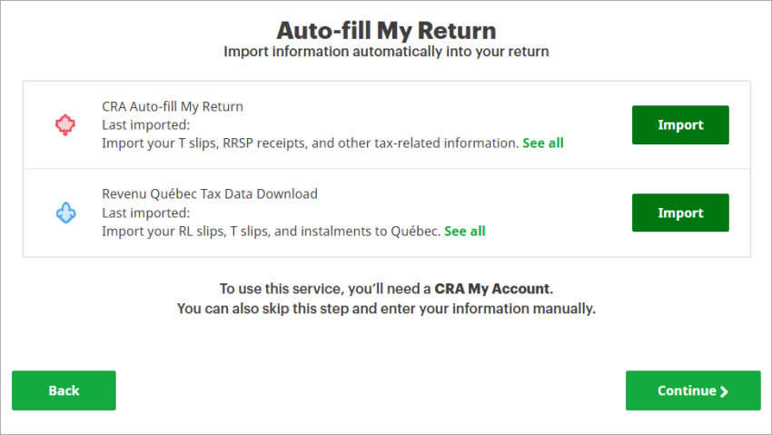 The Auto-fill My Return page shows the CRA Auto-fill My Return section and the Revenu Québec Tax Data Download section.