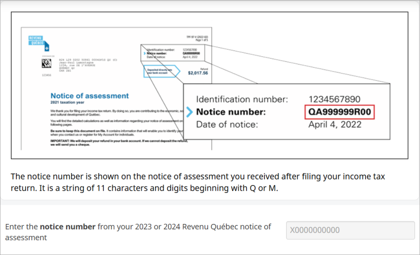 The field to enter the notice number is shown alongside the image in the software showing where the notice number can be found on the NOA.