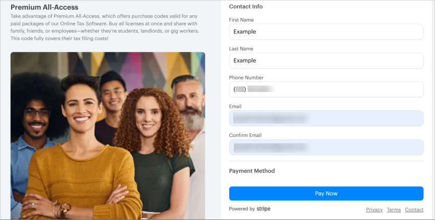 All the Contact Info fields are filled, which enables the Pay Now button.