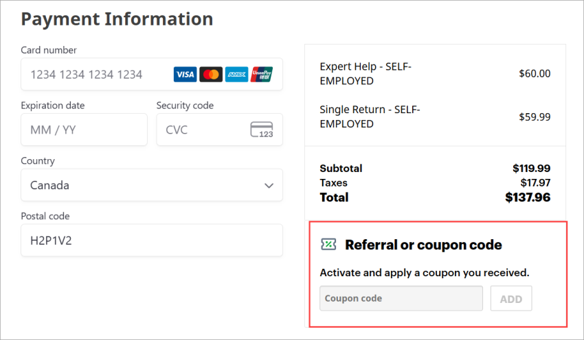 The Referral or coupon code section is highlighted on the Payment Information page.