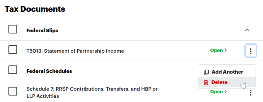 Next to a slip, the Options menu has been clicked and shows the Delete button selected. 