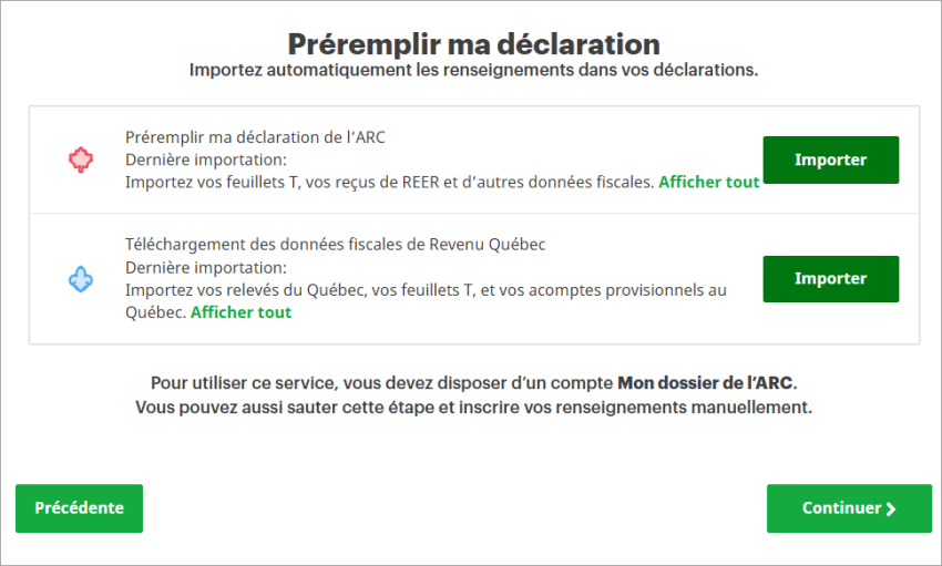 la page Préremplir ma déclaration présente la section Préremplir ma déclaration de l’ARC et la section Téléchargement des données fiscales de Revenu Québec.