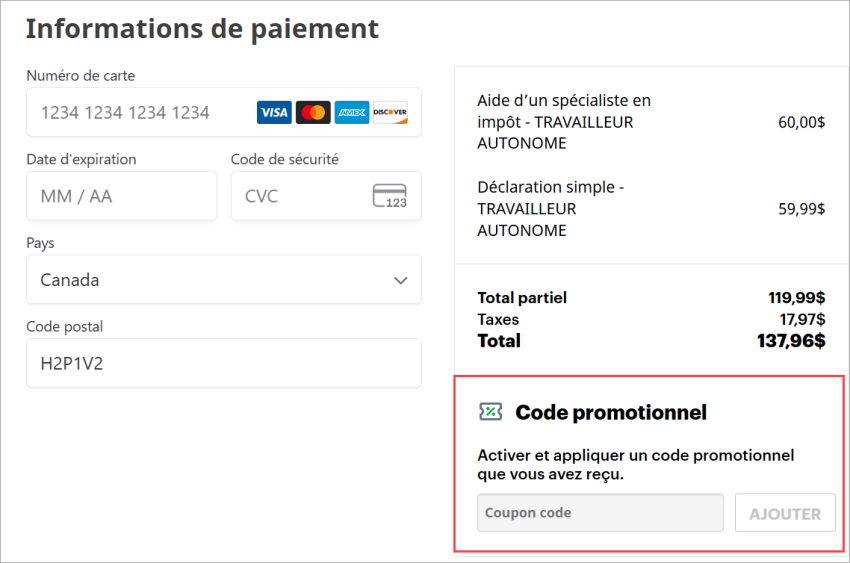 la section Recommandation ou code promotionnel est mise en surbrillance sur la page Renseignements sur le paiement.