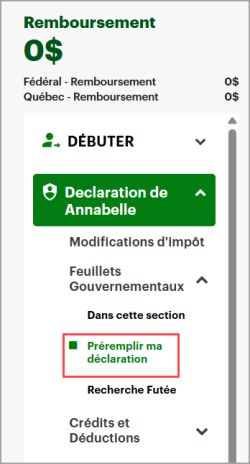 l’option Préremplir ma déclaration est mise en surbrillance dans le menu de navigation gauche, sous l’onglet Feuillets du gouvernement.