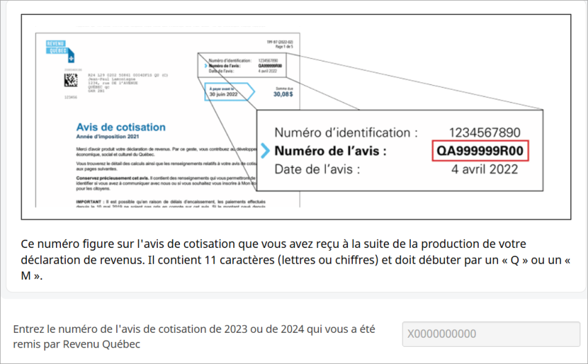 le champ permettant d’inscrire le numéro de l’avis est indiqué à côté de l’image du logiciel montrant où se trouve le numéro de l’avis sur l’ADC.