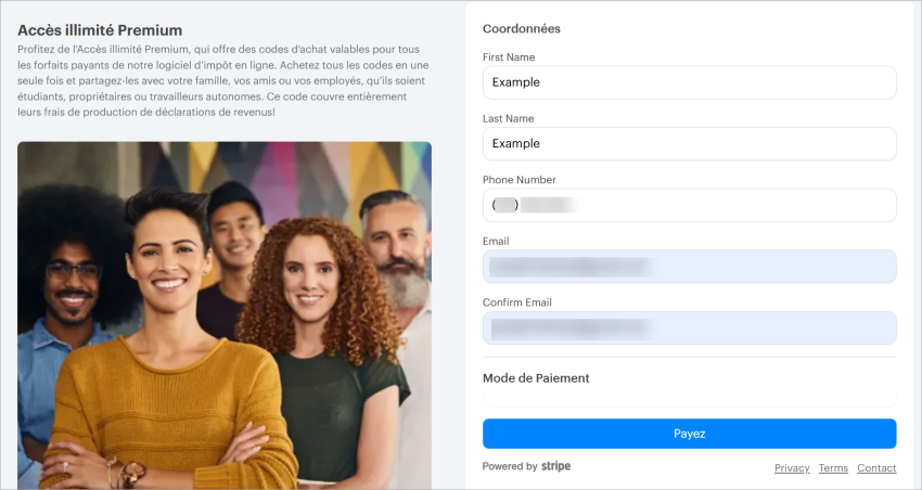 tous les champs Coordonnées sont remplis, ce qui permet d’activer le bouton Payer maintenant.