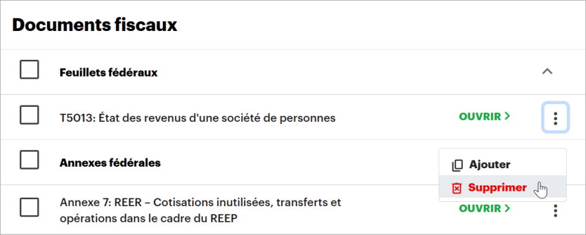 à côté d’un feuillet, le menu Options a été cliqué et le bouton Supprimer s’affiche comme sélectionné. 